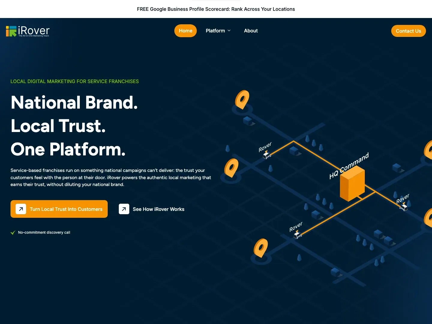 The iRover homepage hero: “National Brand. Local Trust. One Platform.” over a map of franchise locations