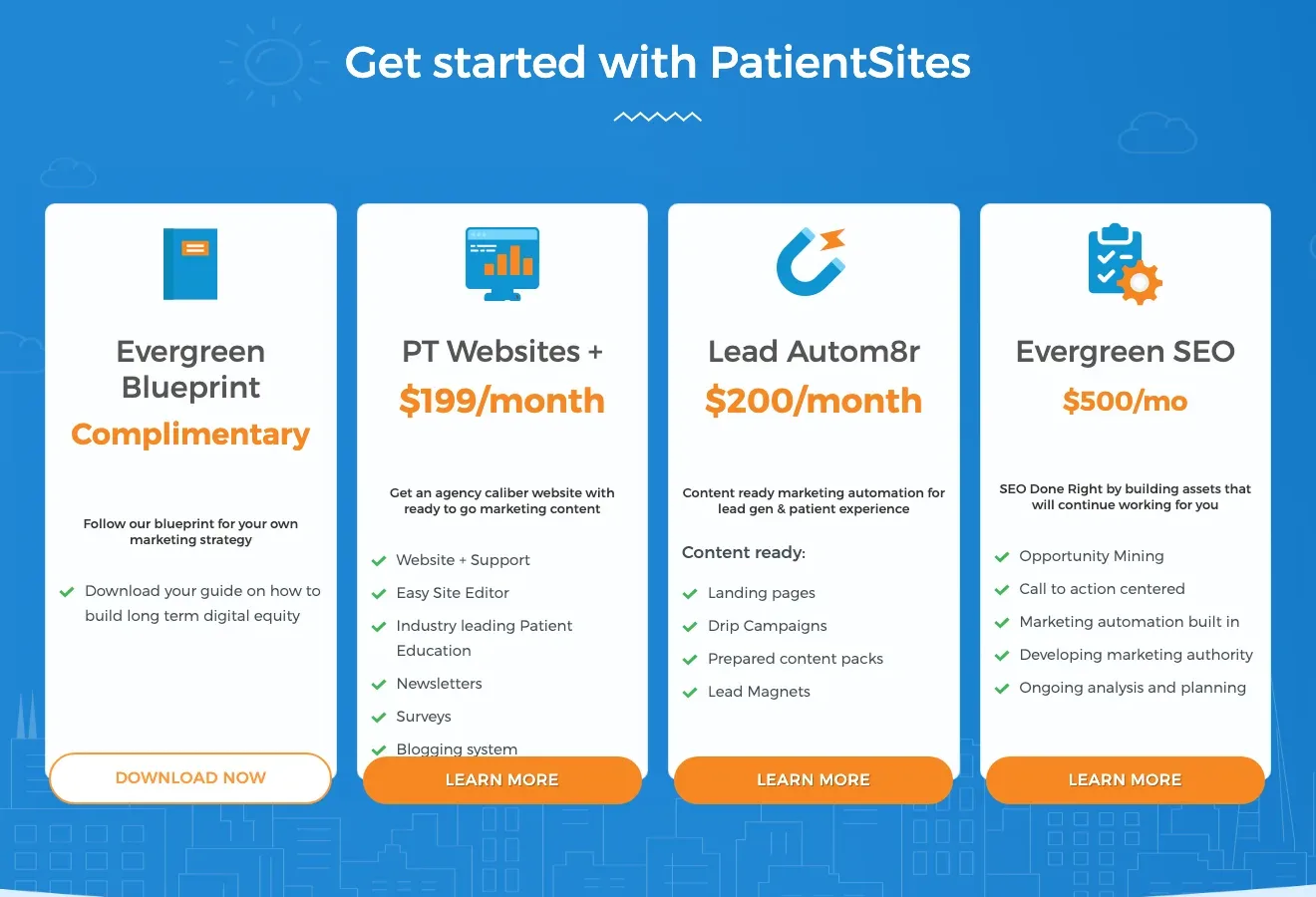 The old pricing: a free blueprint, then PT Websites at $199 a month with Lead Autom8r ($200) and Evergreen SEO ($500) as separate add-ons