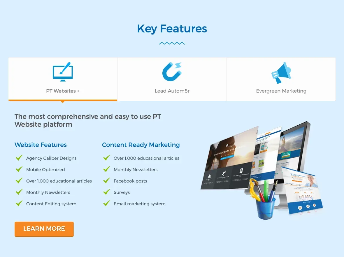 The old homepage’s Key Features section: three product tabs over two checklists of website and marketing features